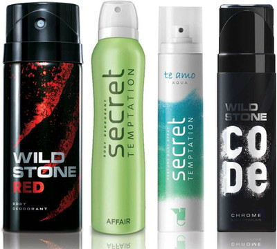 

Wild Stone Red Deodorant (150 ml), Code Chrome Body Perfume(120 ml) and ST Affair Deodorant (150 ml), Te Amo Aqua Body Perfume (120 ml), Pack of 4 Perfume Body Spray - For Men & Women(540 ml, Pack of 4)