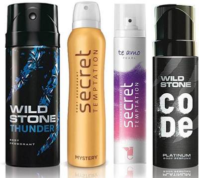 

Wild Stone Thunder Deodorant (150 ml), Code Platinum Body Perfume(120 ml) and ST Mystery Deodorant (150 ml), Te Amo Pearl Body Perfume (120 ml), Pack of 4 Perfume Body Spray - For Men & Women(540 ml, Pack of 4)