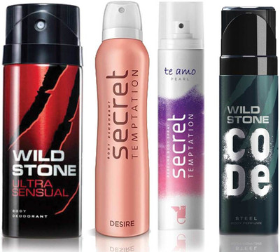 

Wild Stone Ultra Sensual Deodorant (150 ml), Code Steel Body Perfume(120 ml) and ST Desire Deodorant (150 ml), Te Amo Pearl Body Perfume (120 ml), Pack of 4 Perfume Body Spray - For Men & Women(540 ml, Pack of 4)