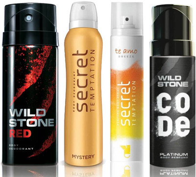 

Wild Stone Red Deodorant (150 ml), Code Platinum Body Perfume(120 ml) and ST Mystery Deodorant (150 ml), Te Amo Breeze Body Perfume (120 ml), Pack of 4 Perfume Body Spray - For Men & Women(540 ml, Pack of 4)