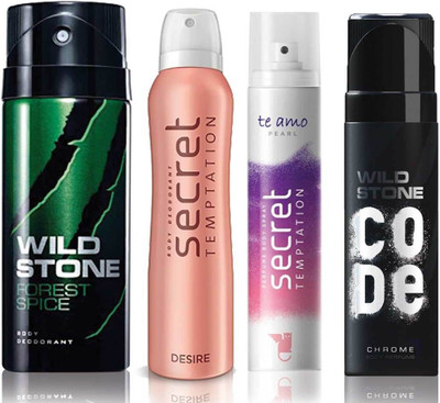 

Wild Stone Forest Spice Deodorant (150 ml), Code Chrome Body Perfume(120 ml) and ST Desire Deodorant (150 ml), Te Amo Pearl Body Perfume (120 ml), Pack of 4 Perfume Body Spray - For Men & Women(540 ml, Pack of 4)