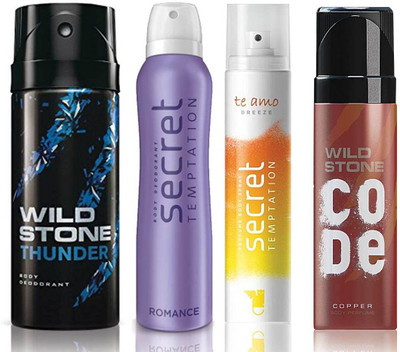 

Wild Stone Thunder Deodorant (150 ml), Code Copper Perfume(120 ml) and ST Romance Deodorant (150 ml), Te Amo Breeze Body Perfume (120 ml), Pack of 4 Perfume Body Spray - For Men & Women(540 ml, Pack of 4)