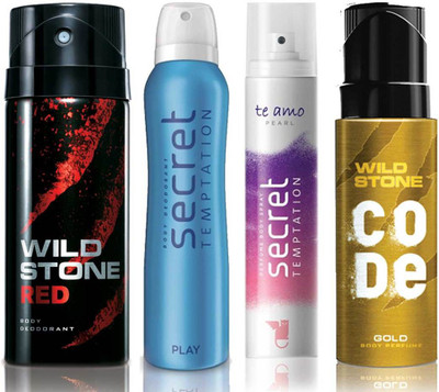 

Wild Stone Red Deodorant (150 ml), Code Gold Body Perfume(120 ml) and ST Play Deodorant (150 ml), Te Amo Pearl Body Perfume (120 ml), Pack of 4 Perfume Body Spray - For Men & Women(540 ml, Pack of 4)