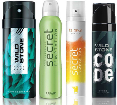 

Wild Stone Edge Deodorant (150 ml), Code Steel Body Perfume(120 ml) and ST Affair Deodorant (150 ml), Te Amo Breeze Body Perfume (120 ml), Pack of 4 Perfume Body Spray - For Men & Women(540 ml, Pack of 4)