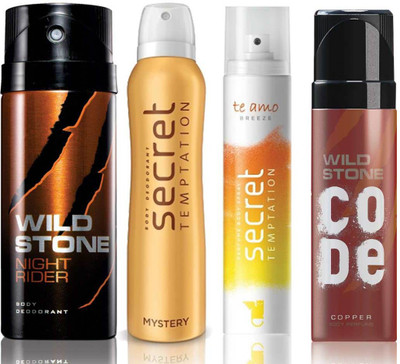 

Wild Stone Night Rider Deodorant (150 ml), Code Copper Perfume(120 ml) and ST Mystery Deodorant (150 ml), Te Amo Breeze Body Perfume (120 ml), Pack of 4 Perfume Body Spray - For Men & Women(540 ml, Pack of 4)