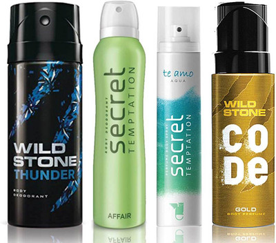 

Wild Stone Thunder Deodorant (150 ml), Code Gold Body Perfume(120 ml) and ST Affair Deodorant (150 ml), Te Amo Aqua Body Perfume (120 ml), Pack of 4 Perfume Body Spray - For Men & Women(540 ml, Pack of 4)