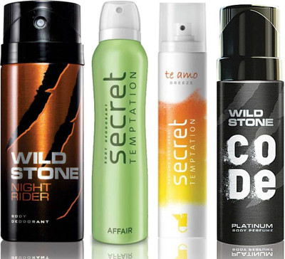 

Wild Stone Night Rider Deodorant (150 ml), Code Platinum Body Perfume(120 ml) and ST Affair Deodorant (150 ml), Te Amo Breeze Body Perfume (120 ml), Pack of 4 Perfume Body Spray - For Men & Women(540 ml, Pack of 4)