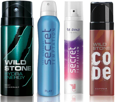 

Wild Stone Hydra Energy Deodorant (150 ml), Code Copper Perfume(120 ml) and ST Play Deodorant (150 ml), Te Amo Pearl Body Perfume (120 ml), Pack of 4 Perfume Body Spray - For Men & Women(540 ml, Pack of 4)