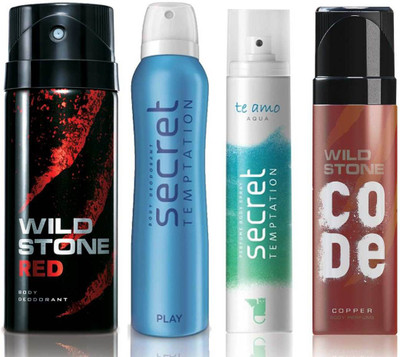 

Wild Stone Red Deodorant (150 ml), Code Copper Perfume(120 ml) and ST Play Deodorant (150 ml), Te Amo Aqua Body Perfume (120 ml), Pack of 4 Perfume Body Spray - For Men & Women(540 ml, Pack of 4)