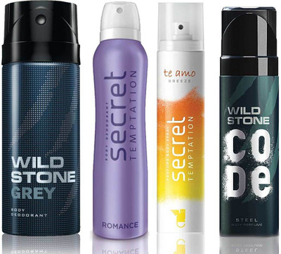 

Wild Stone Grey Deodorant (150 ml), Code Steel Body Perfume(120 ml) and ST Romance Deodorant (150 ml), Te Amo Breeze Body Perfume (120 ml), Pack of 4 Perfume Body Spray - For Men & Women(540 ml, Pack of 4)