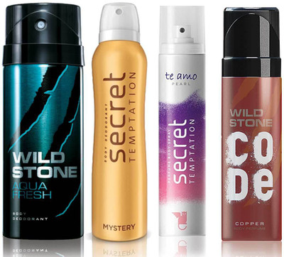 

Wild Stone Aqua Fresh Deodorant (150 ml), Code Copper Perfume(120 ml) and ST Mystery Deodorant (150 ml), Te Amo Pearl Body Perfume (120 ml), Pack of 4 Perfume Body Spray - For Men & Women(540 ml, Pack of 4)