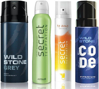 

Wild Stone Grey Deodorant (150 ml), Code Titanium Body Perfume(120 ml) and ST Affair Deodorant (150 ml), Te Amo Breeze Body Perfume (120 ml), Pack of 4 Perfume Body Spray - For Men & Women(540 ml, Pack of 4)