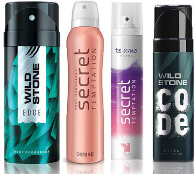 

Wild Stone Edge Deodorant (150 ml), Code Steel Body Perfume(120 ml) and ST Desire Deodorant (150 ml), Te Amo Pearl Body Perfume (120 ml), Pack of 4 Perfume Body Spray - For Men & Women(540 ml, Pack of 4)