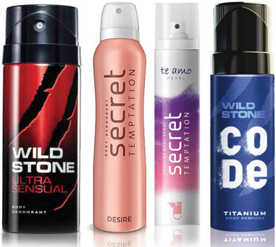 

Wild Stone Ultra Sensual Deodorant (150 ml), Code Titanium Body Perfume(120 ml) and ST Desire Deodorant (150 ml), Te Amo Pearl Body Perfume (120 ml), Pack of 4 Perfume Body Spray - For Men & Women(540 ml, Pack of 4)