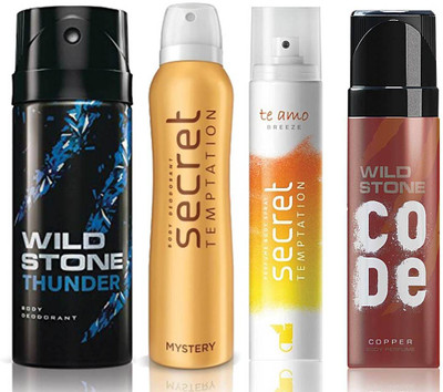 

Wild Stone Thunder Deodorant (150 ml), Code Copper Perfume(120 ml) and ST Mystery Deodorant (150 ml), Te Amo Breeze Body Perfume (120 ml), Pack of 4 Perfume Body Spray - For Men & Women(540 ml, Pack of 4)