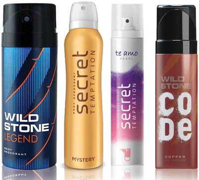 

Wild Stone Legend Deodorant (150 ml), Code Copper Perfume(120 ml) and ST Mystery Deodorant (150 ml), Te Amo Pearl Body Perfume (120 ml), Pack of 4 Perfume Body Spray - For Men & Women(540 ml, Pack of 4)