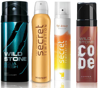

Wild Stone Aqua Fresh Deodorant (150 ml), Code Copper Perfume(120 ml) and ST Mystery Deodorant (150 ml), Te Amo Breeze Body Perfume (120 ml), Pack of 4 Perfume Body Spray - For Men & Women(540 ml, Pack of 4)