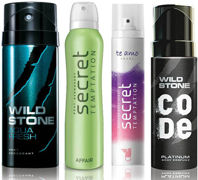 

Wild Stone Aqua Fresh Deodorant (150 ml), Code Platinum Body Perfume(120 ml) and ST Affair Deodorant (150 ml), Te Amo Pearl Body Perfume (120 ml), Pack of 4 Perfume Body Spray - For Men & Women(540 ml, Pack of 4)