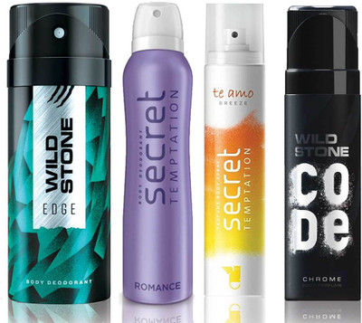 

Wild Stone Edge Deodorant (150 ml), Code Chrome Body Perfume(120 ml) and ST Romance Deodorant (150 ml), Te Amo Breeze Body Perfume (120 ml), Pack of 4 Perfume Body Spray - For Men & Women(540 ml, Pack of 4)