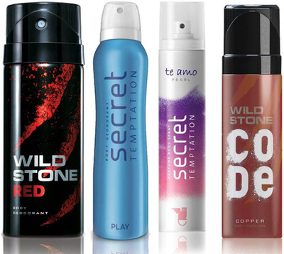 

Wild Stone Red Deodorant (150 ml), Code Copper Perfume(120 ml) and ST Play Deodorant (150 ml), Te Amo Pearl Body Perfume (120 ml), Pack of 4 Perfume Body Spray - For Men & Women(540 ml, Pack of 4)