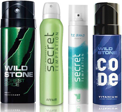 

Wild Stone Forest Spice Deodorant (150 ml), Code Titanium Body Perfume(120 ml) and ST Affair Deodorant (150 ml), Te Amo Aqua Body Perfume (120 ml), Pack of 4 Perfume Body Spray - For Men & Women(540 ml, Pack of 4)