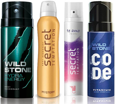 

Wild Stone Hydra Energy Deodorant (150 ml), Code Titanium Body Perfume(120 ml) and ST Mystery Deodorant (150 ml), Te Amo Pearl Body Perfume (120 ml), Pack of 4 Perfume Body Spray - For Men & Women(540 ml, Pack of 4)