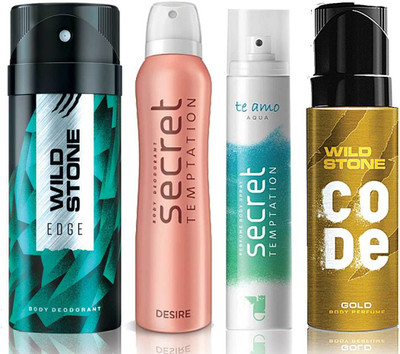 

Wild Stone Edge Deodorant (150 ml), Code Gold Body Perfume(120 ml) and ST Desire Deodorant (150 ml), Te Amo Aqua Body Perfume (120 ml), Pack of 4 Perfume Body Spray - For Men & Women(540 ml, Pack of 4)