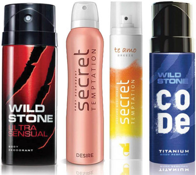 

Wild Stone Ultra Sensual Deodorant (150 ml), Code Titanium Body Perfume(120 ml) and ST Desire Deodorant (150 ml), Te Amo Breeze Body Perfume (120 ml), Pack of 4 Perfume Body Spray - For Men & Women(540 ml, Pack of 4)