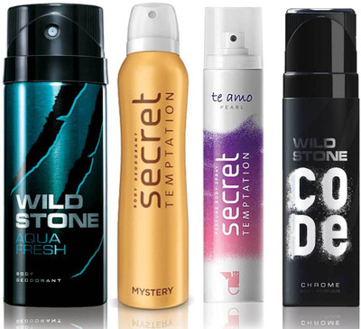 

Wild Stone Aqua Fresh Deodorant (150 ml), Code Chrome Body Perfume(120 ml) and ST Mystery Deodorant (150 ml), Te Amo Pearl Body Perfume (120 ml), Pack of 4 Perfume Body Spray - For Men & Women(540 ml, Pack of 4)
