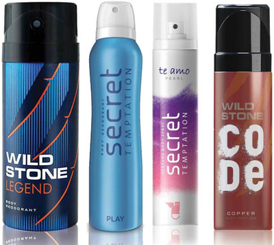 

Wild Stone Legend Deodorant (150 ml), Code Copper Perfume(120 ml) and ST Play Deodorant (150 ml), Te Amo Pearl Body Perfume (120 ml), Pack of 4 Perfume Body Spray - For Men & Women(540 ml, Pack of 4)