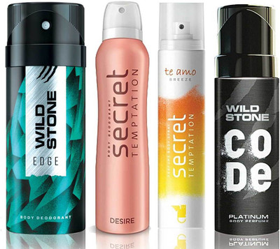 

Wild Stone Edge Deodorant (150 ml), Code Platinum Body Perfume(120 ml) and ST Desire Deodorant (150 ml), Te Amo Breeze Body Perfume (120 ml), Pack of 4 Perfume Body Spray - For Men & Women(540 ml, Pack of 4)
