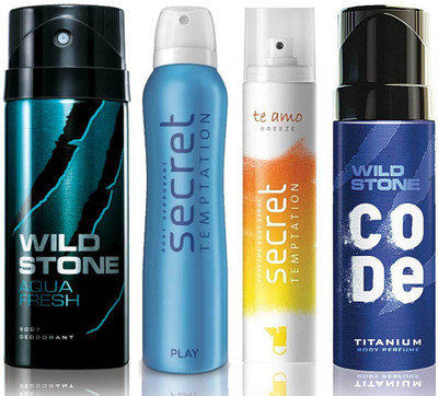 

Wild Stone Aqua Fresh Deodorant (150 ml), Code Titanium Body Perfume(120 ml) and ST Play Deodorant (150 ml), Te Amo Breeze Body Perfume (120 ml), Pack of 4 Perfume Body Spray - For Men & Women(540 ml, Pack of 4)