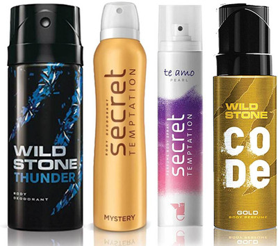 

Wild Stone Thunder Deodorant (150 ml), Code Gold Body Perfume(120 ml) and ST Mystery Deodorant (150 ml), Te Amo Pearl Body Perfume (120 ml), Pack of 4 Perfume Body Spray - For Men & Women(540 ml, Pack of 4)