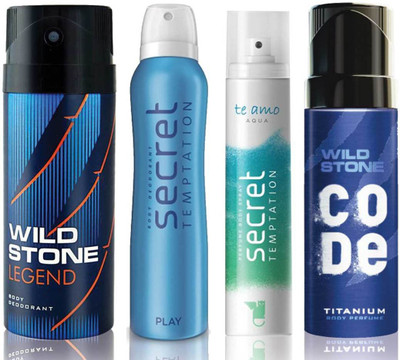 

Wild Stone Legend Deodorant (150 ml), Code Titanium Body Perfume(120 ml) and ST Play Deodorant (150 ml), Te Amo Aqua Body Perfume (120 ml), Pack of 4 Perfume Body Spray - For Men & Women(540 ml, Pack of 4)