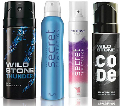 

Wild Stone Thunder Deodorant (150 ml), Code Platinum Body Perfume(120 ml) and ST Play Deodorant (150 ml), Te Amo Pearl Body Perfume (120 ml), Pack of 4 Perfume Body Spray - For Men & Women(540 ml, Pack of 4)