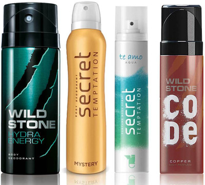 

Wild Stone Hydra Energy Deodorant (150 ml), Code Copper Perfume(120 ml) and ST Mystery Deodorant (150 ml), Te Amo Aqua Body Perfume (120 ml), Pack of 4 Perfume Body Spray - For Men & Women(540 ml, Pack of 4)