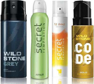 

Wild Stone Grey Deodorant (150 ml), Code Gold Body Perfume(120 ml) and ST Affair Deodorant (150 ml), Te Amo Breeze Body Perfume (120 ml), Pack of 4 Perfume Body Spray - For Men & Women(540 ml, Pack of 4)