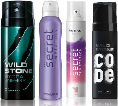 

Wild Stone Hydra Energy Deodorant (150 ml), Code Chrome Body Perfume(120 ml) and ST Romance Deodorant (150 ml), Te Amo Pearl Body Perfume (120 ml), Pack of 4 Perfume Body Spray - For Men & Women(540 ml, Pack of 4)