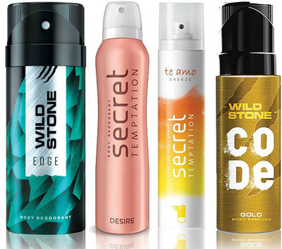 

Wild Stone Edge Deodorant (150 ml), Code Gold Body Perfume(120 ml) and ST Desire Deodorant (150 ml), Te Amo Breeze Body Perfume (120 ml), Pack of 4 Perfume Body Spray - For Men & Women(540 ml, Pack of 4)