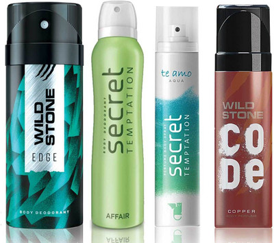 

Wild Stone Edge Deodorant (150 ml), Code Copper Perfume(120 ml) and ST Affair Deodorant (150 ml), Te Amo Aqua Body Perfume (120 ml), Pack of 4 Perfume Body Spray - For Men & Women(540 ml, Pack of 4)