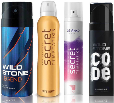 

Wild Stone Legend Deodorant (150 ml), Code Chrome Body Perfume(120 ml) and ST Mystery Deodorant (150 ml), Te Amo Pearl Body Perfume (120 ml), Pack of 4 Perfume Body Spray - For Men & Women(540 ml, Pack of 4)