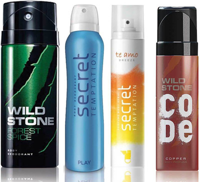 

Wild Stone Forest Spice Deodorant (150 ml), Code Copper Perfume(120 ml) and ST Play Deodorant (150 ml), Te Amo Breeze Body Perfume (120 ml), Pack of 4 Perfume Body Spray - For Men & Women(540 ml, Pack of 4)