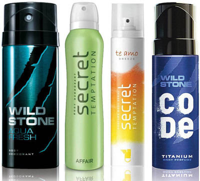 

Wild Stone Aqua Fresh Deodorant (150 ml), Code Titanium Body Perfume(120 ml) and ST Affair Deodorant (150 ml), Te Amo Breeze Body Perfume (120 ml), Pack of 4 Perfume Body Spray - For Men & Women(540 ml, Pack of 4)