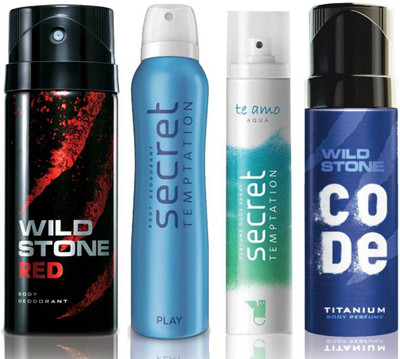 

Wild Stone Red Deodorant (150 ml), Code Titanium Body Perfume(120 ml) and ST Play Deodorant (150 ml), Te Amo Aqua Body Perfume (120 ml), Pack of 4 Perfume Body Spray - For Men & Women(540 ml, Pack of 4)