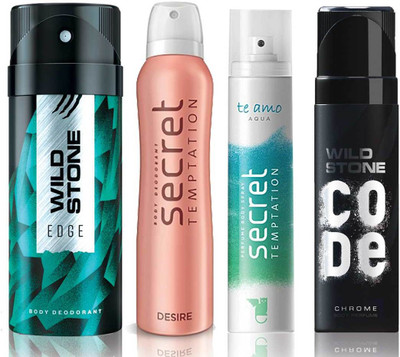 

Wild Stone Edge Deodorant (150 ml), Code Chrome Body Perfume(120 ml) and ST Desire Deodorant (150 ml), Te Amo Aqua Body Perfume (120 ml), Pack of 4 Perfume Body Spray - For Men & Women(540 ml, Pack of 4)