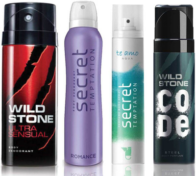 

Wild Stone Ultra Sensual Deodorant (150 ml), Code Steel Body Perfume(120 ml) and ST Romance Deodorant (150 ml), Te Amo Aqua Body Perfume (120 ml), Pack of 4 Perfume Body Spray - For Men & Women(540 ml, Pack of 4)