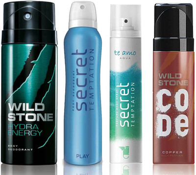 

Wild Stone Hydra Energy Deodorant (150 ml), Code Copper Perfume(120 ml) and ST Play Deodorant (150 ml), Te Amo Aqua Body Perfume (120 ml), Pack of 4 Perfume Body Spray - For Men & Women(540 ml, Pack of 4)