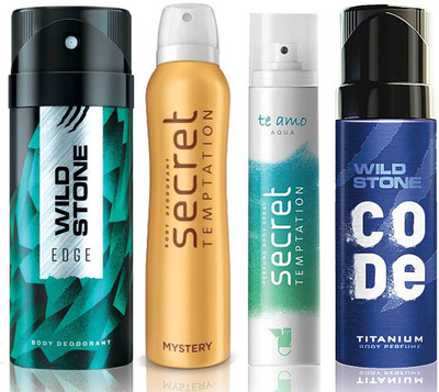 

Wild Stone Edge Deodorant (150 ml), Code Titanium Body Perfume(120 ml) and ST Mystery Deodorant (150 ml), Te Amo Aqua Body Perfume (120 ml), Pack of 4 Perfume Body Spray - For Men & Women(540 ml, Pack of 4)