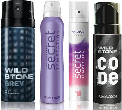 

Wild Stone Grey Deodorant (150 ml), Code Platinum Body Perfume(120 ml) and ST Romance Deodorant (150 ml), Te Amo Pearl Body Perfume (120 ml), Pack of 4 Perfume Body Spray - For Men & Women(540 ml, Pack of 4)