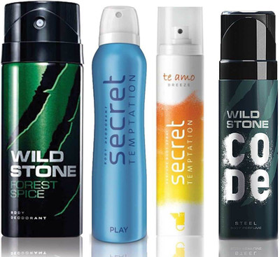 

Wild Stone Forest Spice Deodorant (150 ml), Code Steel Body Perfume(120 ml) and ST Play Deodorant (150 ml), Te Amo Breeze Body Perfume (120 ml), Pack of 4 Perfume Body Spray - For Men & Women(540 ml, Pack of 4)